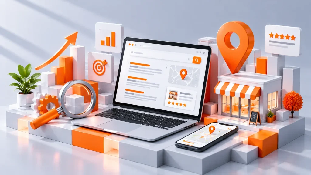 Small business SEO illustration: search results, map and a local storefront